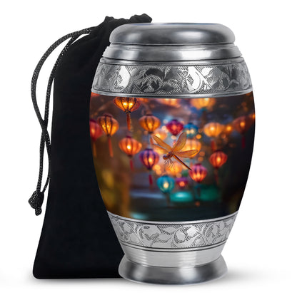 Celestial Blue Dragonfly Cremation Urn back view with polished surface - regal dragonfly design with crown-inspired accents - full-size 10 inch 200 cubic inch adult cremation urn