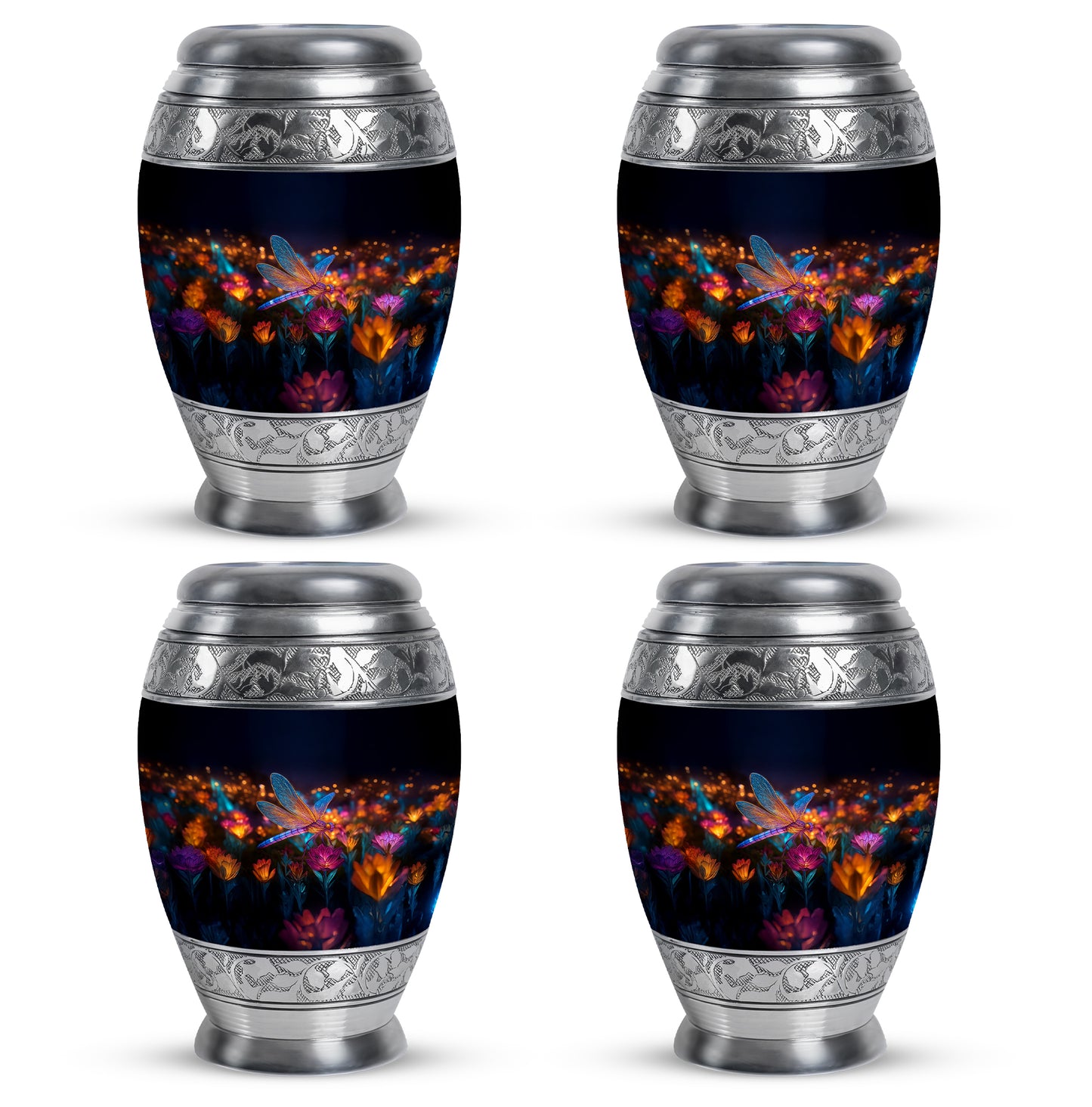 Deep Black Dragonfly Cremation Urn urn with complimentary velvet bag - ornate monarch-style dragonfly relief on brushed aluminum - 10 inch aluminum urn for cremated remains