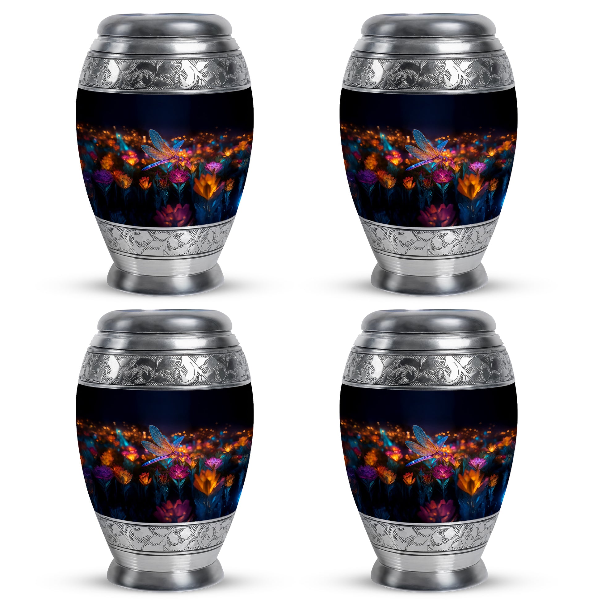 Deep Black Dragonfly Cremation Urn urn with complimentary velvet bag - ornate monarch-style dragonfly relief on brushed aluminum - 10 inch aluminum urn for cremated remains