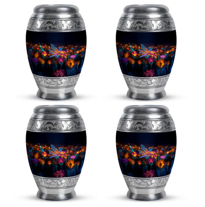 Deep Black Dragonfly Cremation Urn urn with complimentary velvet bag - ornate monarch-style dragonfly relief on brushed aluminum - 10 inch aluminum urn for cremated remains
