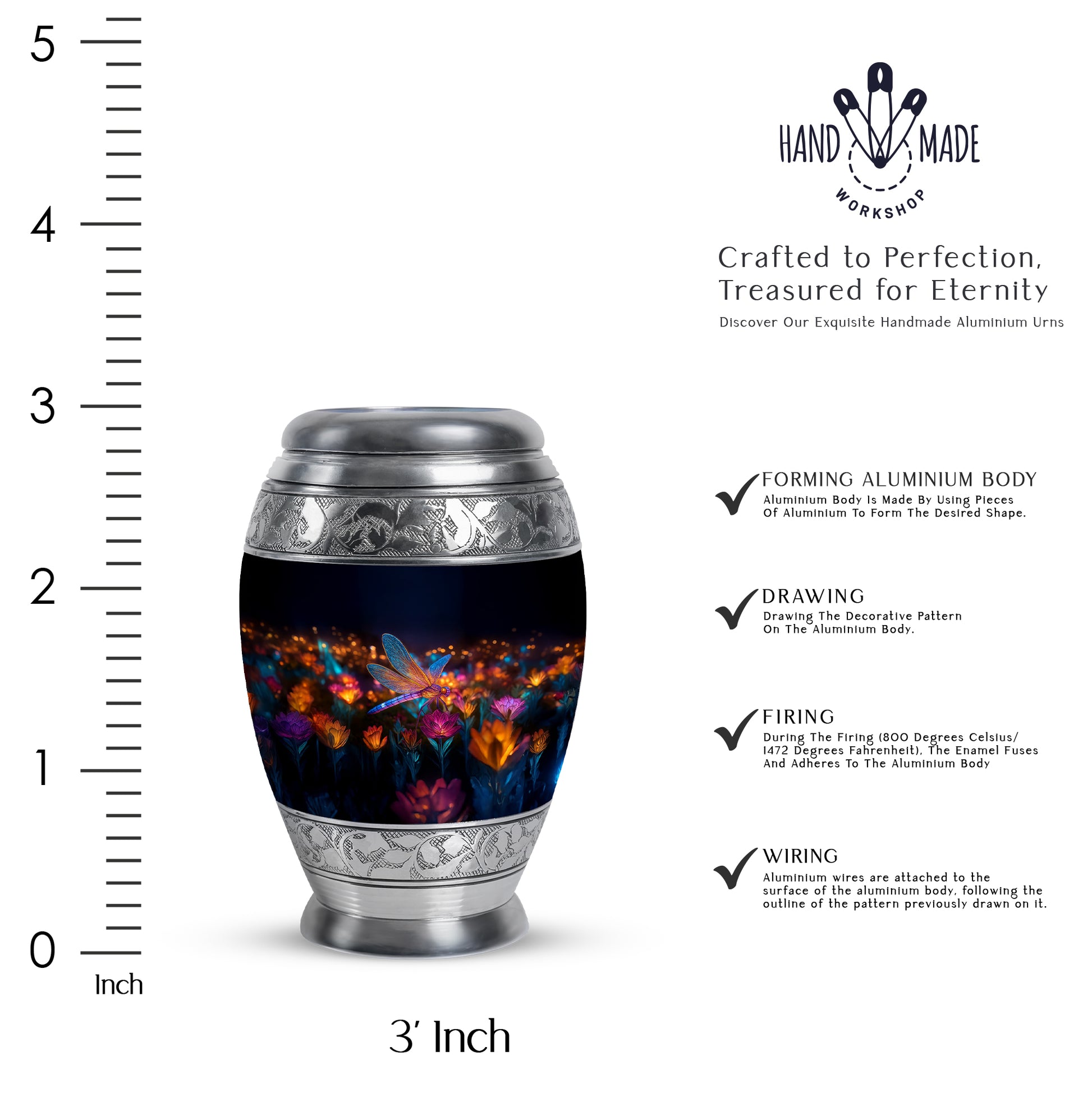 Onyx Black Dragonfly Cremation Urn lifestyle display on memorial shelf - royal dragonfly engraving with decorative scrollwork - mini keepsake memorial for portion of cremation ashes