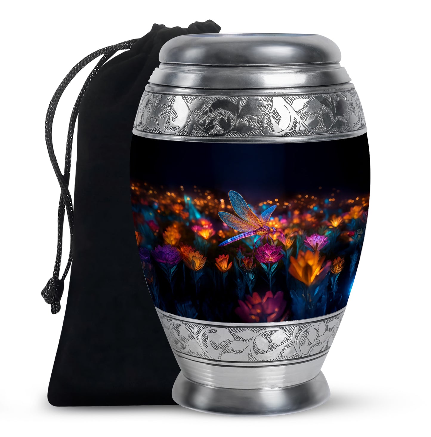 Obsidian Black Dragonfly Cremation Urn back view with polished surface - majestic dragonfly pattern with filigree border - full-size 10 inch 200 cubic inch adult cremation urn