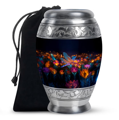 Obsidian Black Dragonfly Cremation Urn back view with polished surface - majestic dragonfly pattern with filigree border - full-size 10 inch 200 cubic inch adult cremation urn