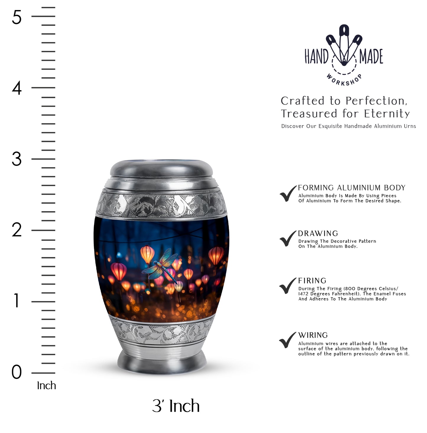 Icy Blue Dragonfly Cremation Urn lifestyle display on memorial shelf - ornate monarch-style dragonfly relief on brushed aluminum - mini keepsake memorial for portion of cremation ashes