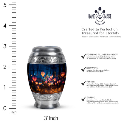 Icy Blue Dragonfly Cremation Urn lifestyle display on memorial shelf - ornate monarch-style dragonfly relief on brushed aluminum - mini keepsake memorial for portion of cremation ashes
