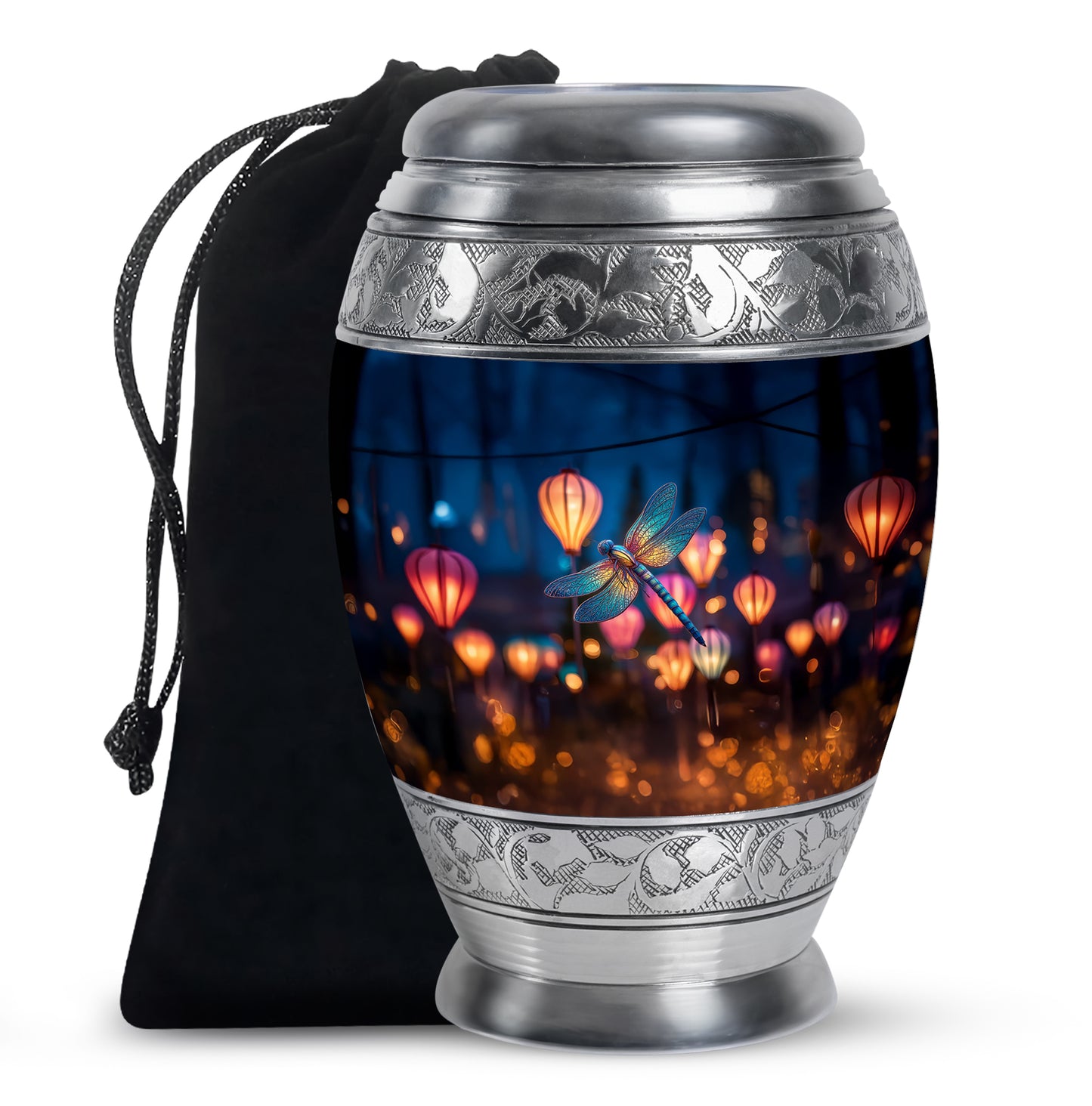 Vivid Blue Dragonfly Cremation Urn back view with polished surface - majestic dragonfly pattern with filigree border - full-size 10 inch 200 cubic inch adult cremation urn