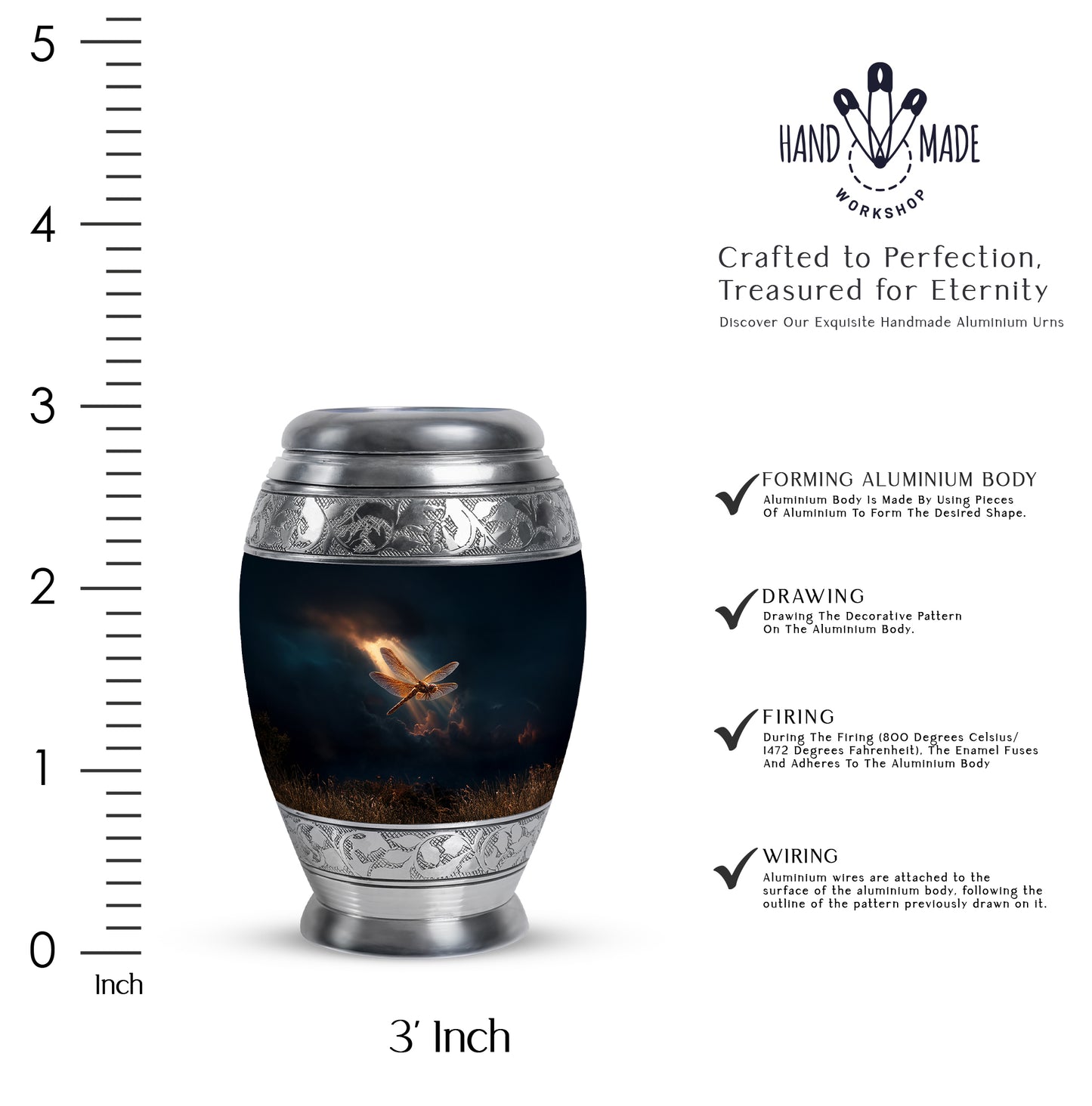 Soft Blue Dragonfly Cremation Urn lifestyle display on memorial shelf - royal dragonfly engraving with decorative scrollwork - mini keepsake memorial for portion of cremation ashes