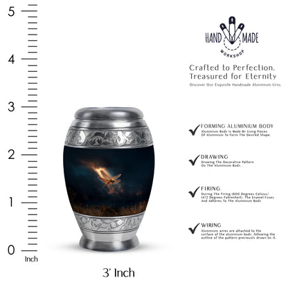 Soft Blue Dragonfly Cremation Urn lifestyle display on memorial shelf - royal dragonfly engraving with decorative scrollwork - mini keepsake memorial for portion of cremation ashes