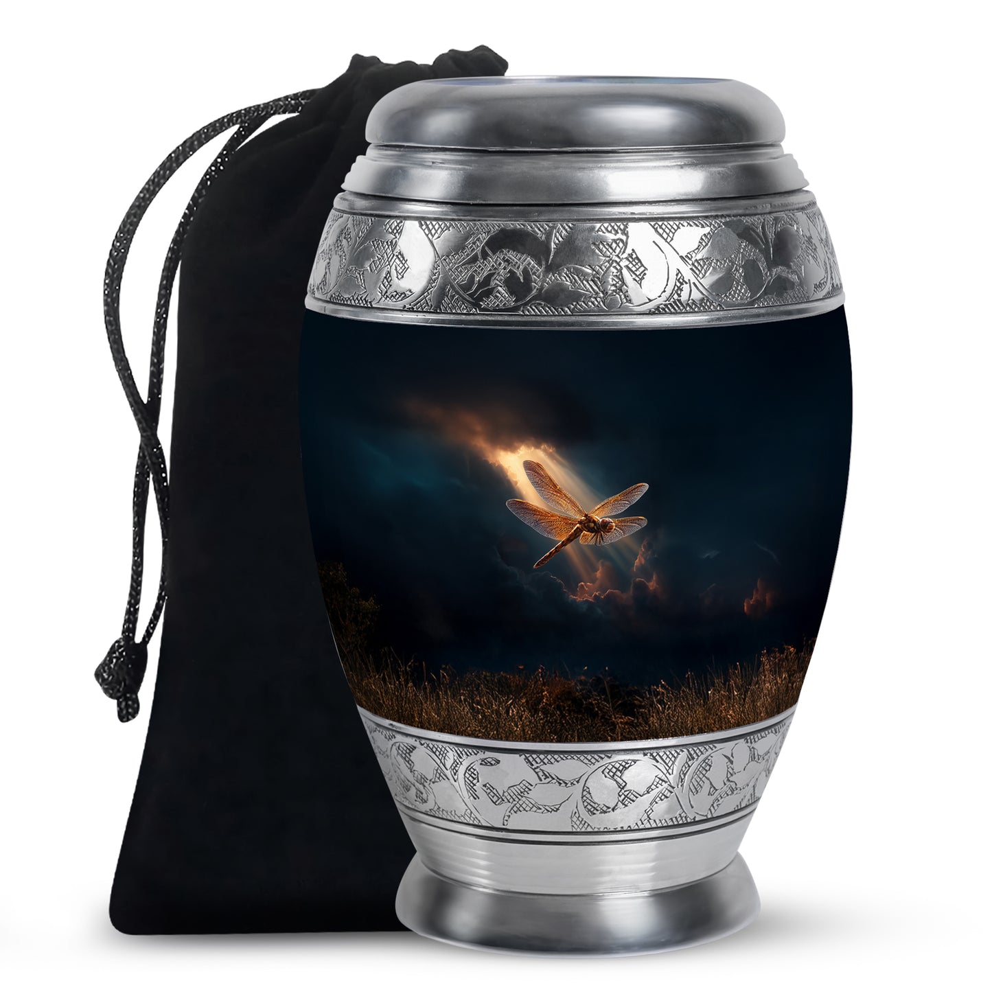 Pastel Blue Dragonfly Cremation Urn back view with polished surface - ornate monarch-style dragonfly relief on brushed aluminum - full-size 10 inch 200 cubic inch adult cremation urn