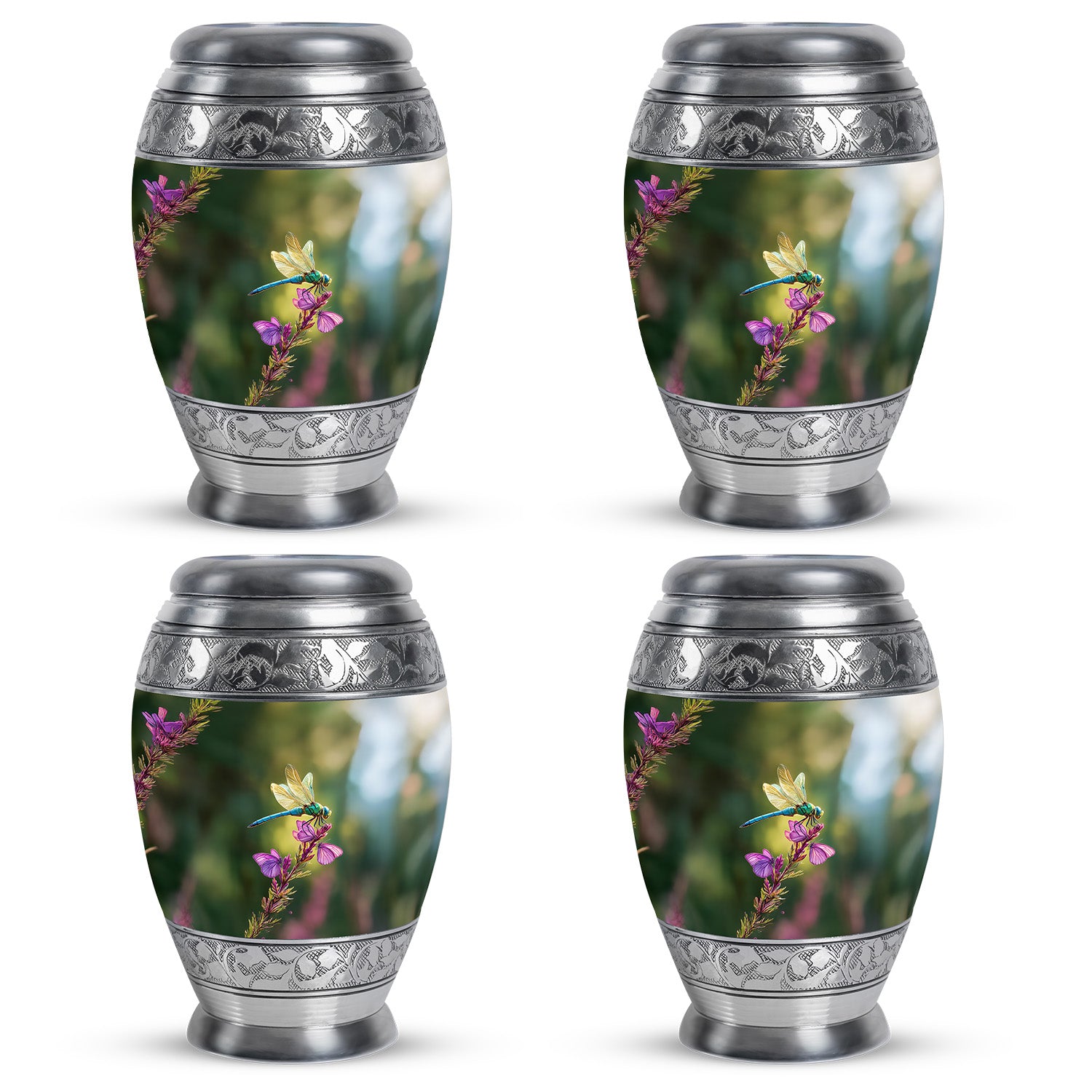 Forest Green Dragonfly Cremation Urn urn with complimentary velvet bag - royal dragonfly engraving with decorative scrollwork - 10 inch aluminum urn for cremated remains