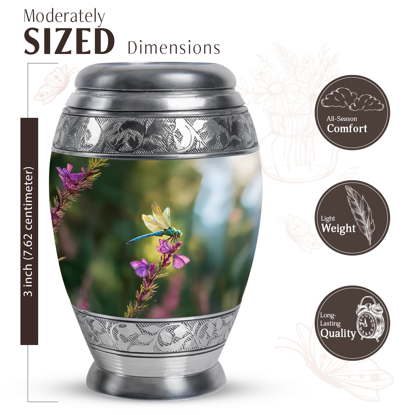 Pine Green Dragonfly Cremation Urn lifestyle display on memorial shelf - majestic dragonfly pattern with filigree border - mini keepsake memorial for portion of cremation ashes