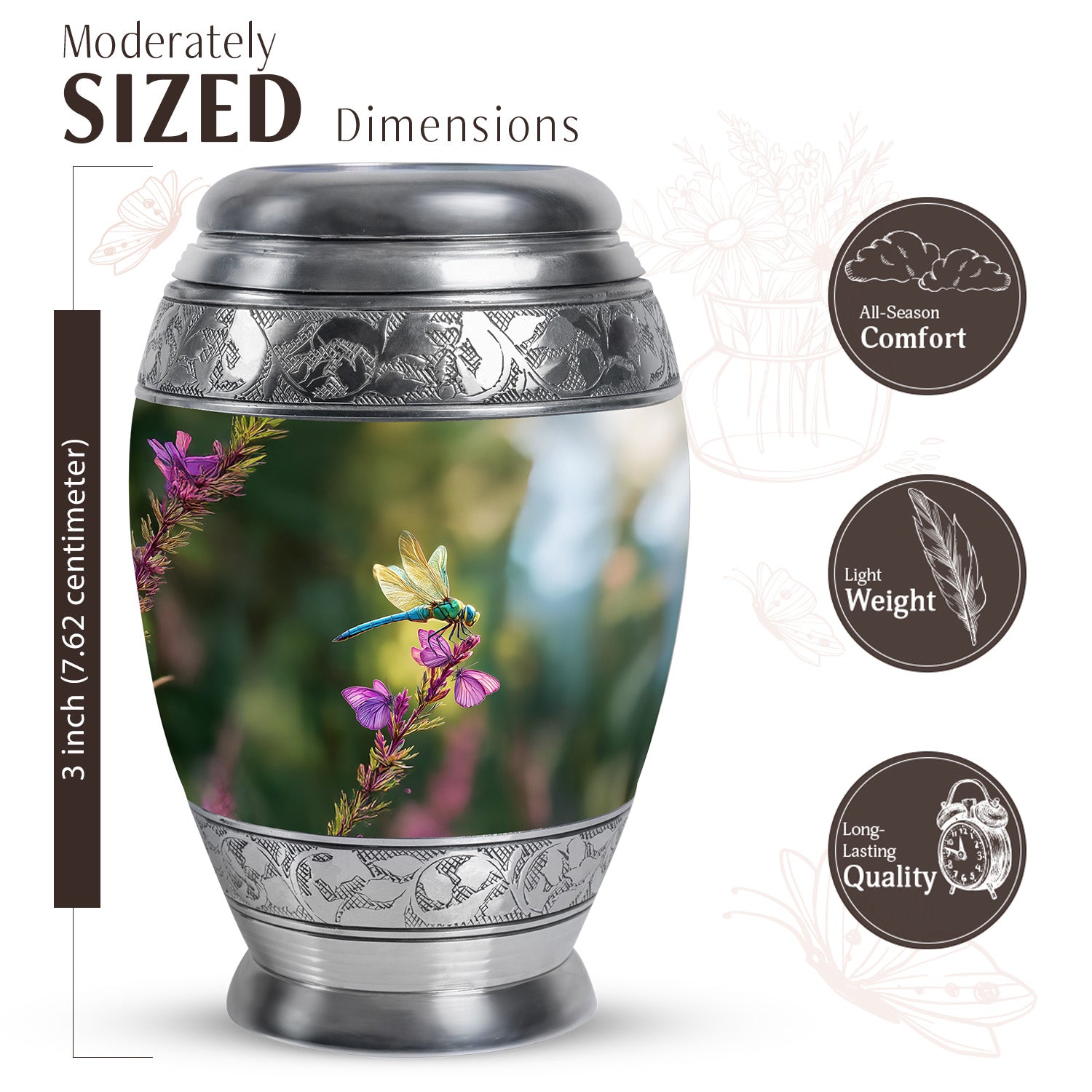 Pine Green Dragonfly Cremation Urn lifestyle display on memorial shelf - majestic dragonfly pattern with filigree border - mini keepsake memorial for portion of cremation ashes