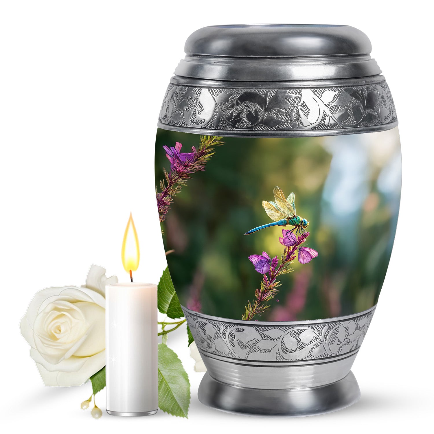 Hunter Green Dragonfly Cremation Urn back view with polished surface - royal dragonfly engraving with decorative scrollwork - full-size 10 inch 200 cubic inch adult cremation urn