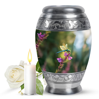 Hunter Green Dragonfly Cremation Urn back view with polished surface - royal dragonfly engraving with decorative scrollwork - full-size 10 inch 200 cubic inch adult cremation urn