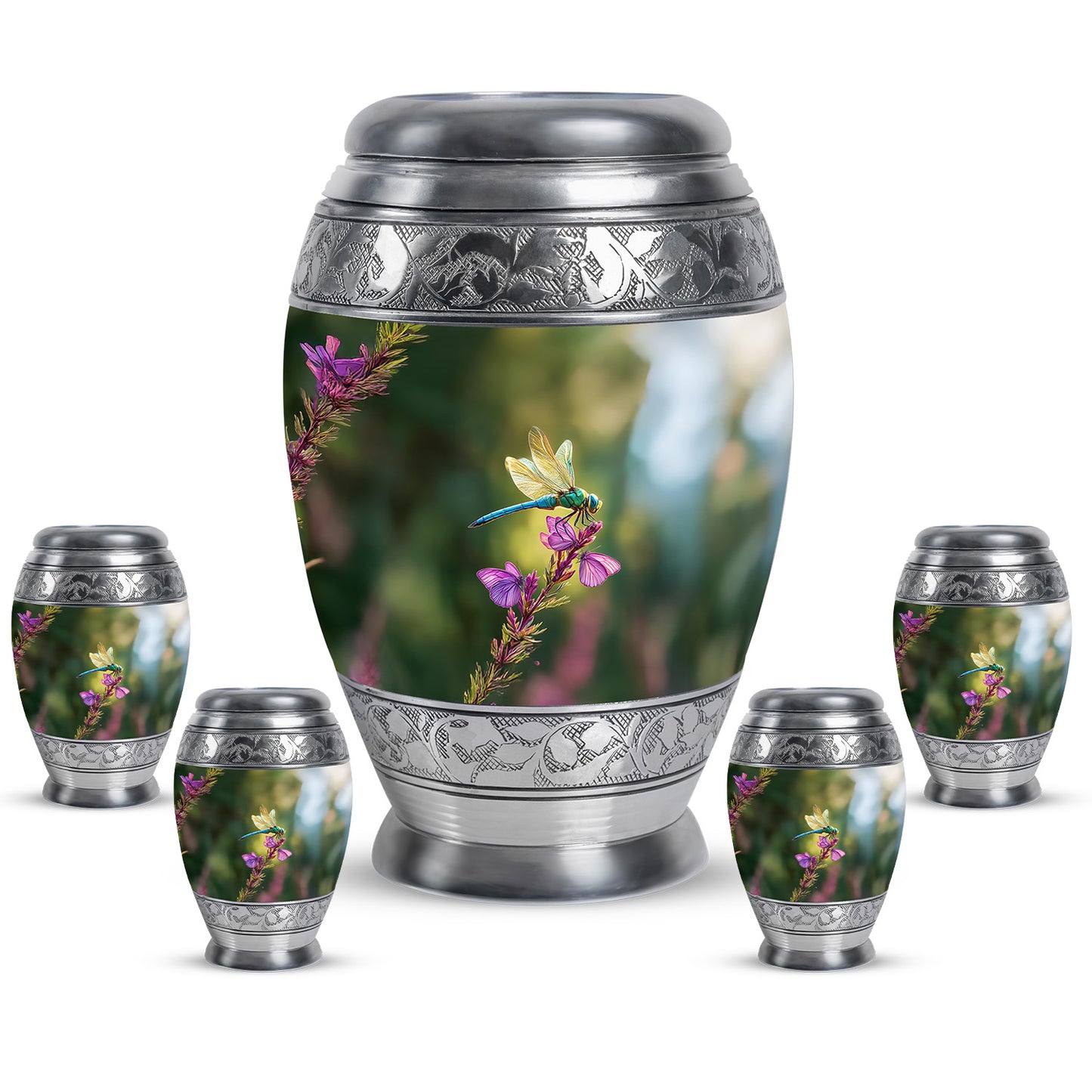 Sage Green Dragonfly Cremation Urn detail view - regal dragonfly design with crown-inspired accents - memorial set with one large and four small urns