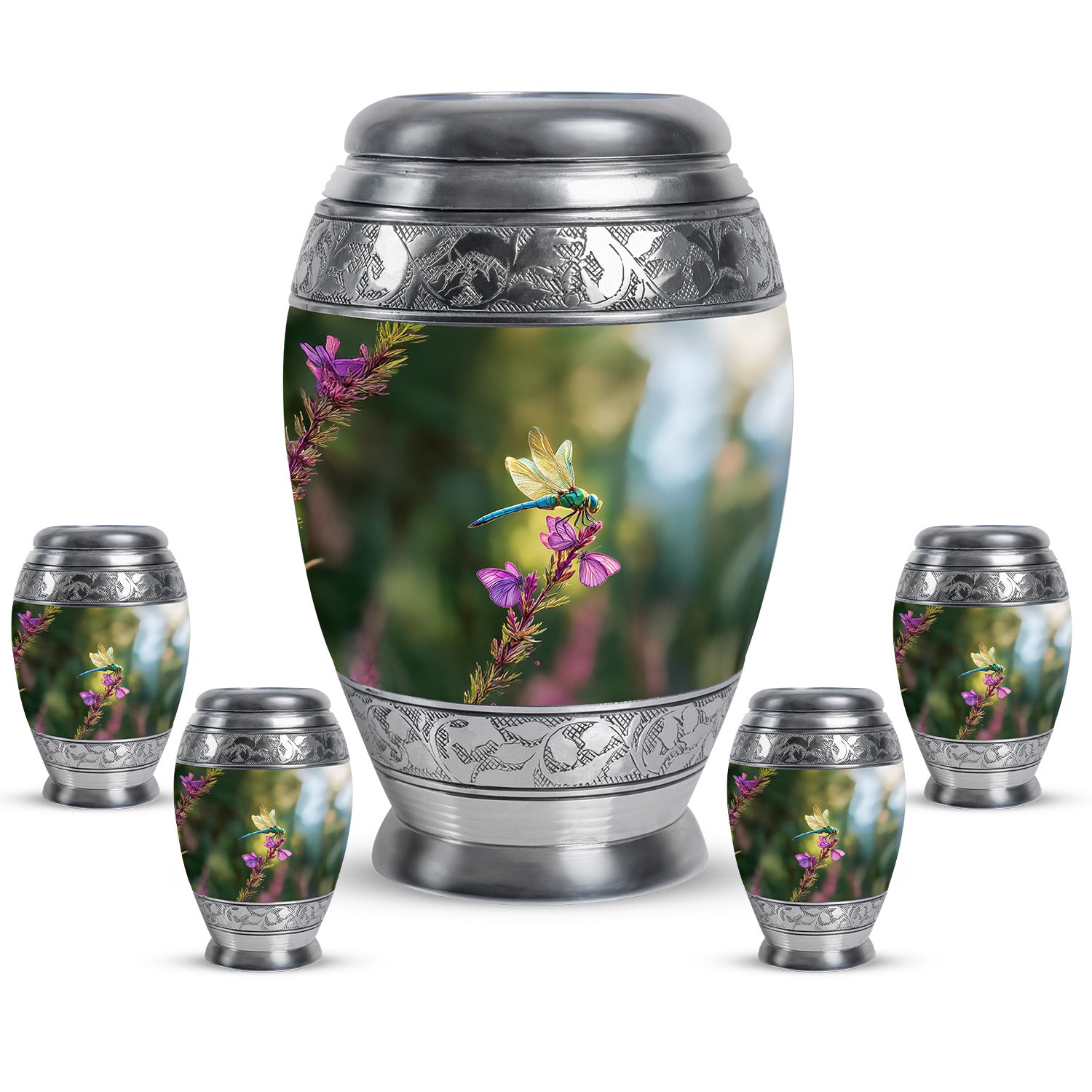 Sage Green Dragonfly Cremation Urn detail view - regal dragonfly design with crown-inspired accents - memorial set with one large and four small urns