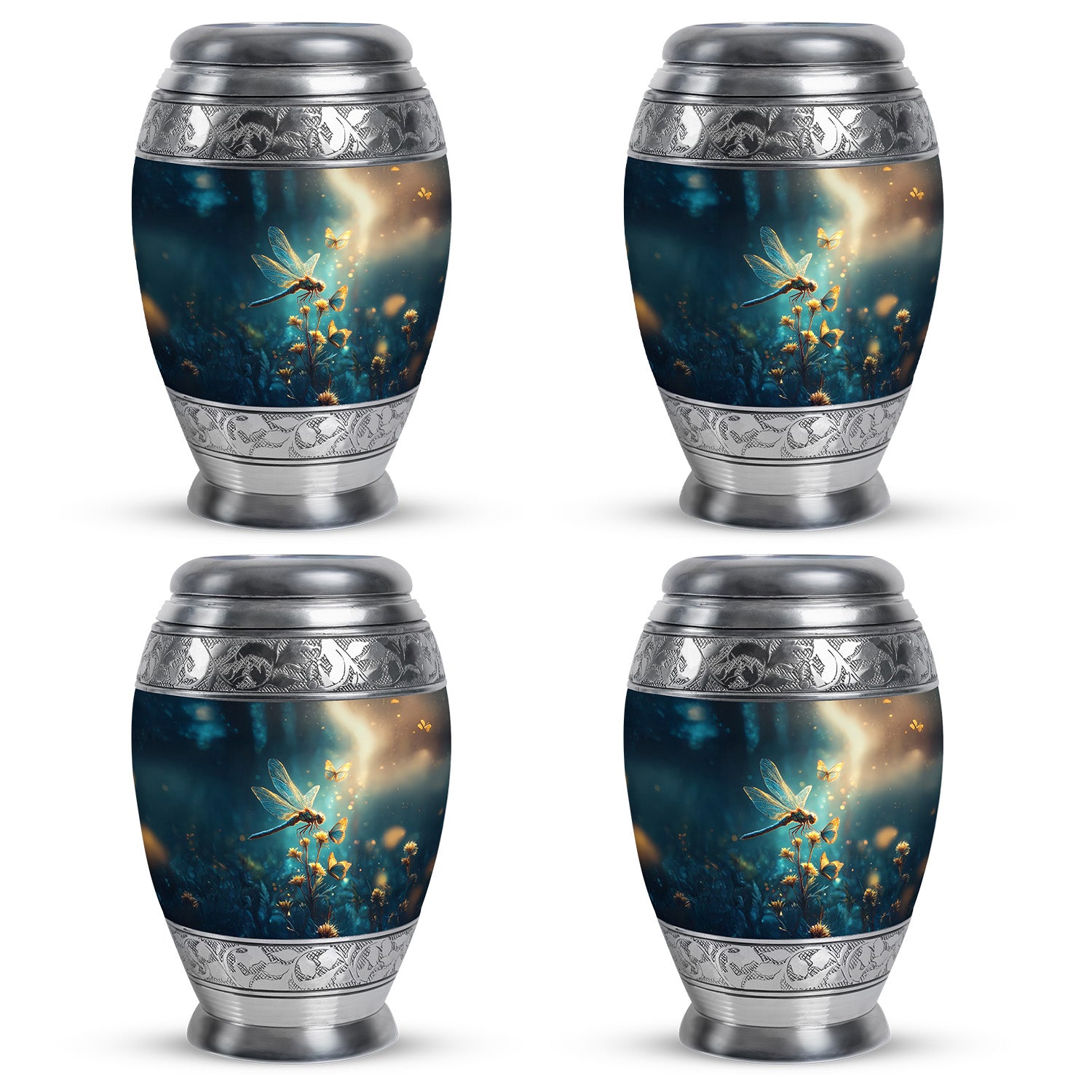 Slate Blue Dragonfly Cremation Urn urn with complimentary velvet bag - regal dragonfly design with crown-inspired accents - 10 inch aluminum urn for cremated remains