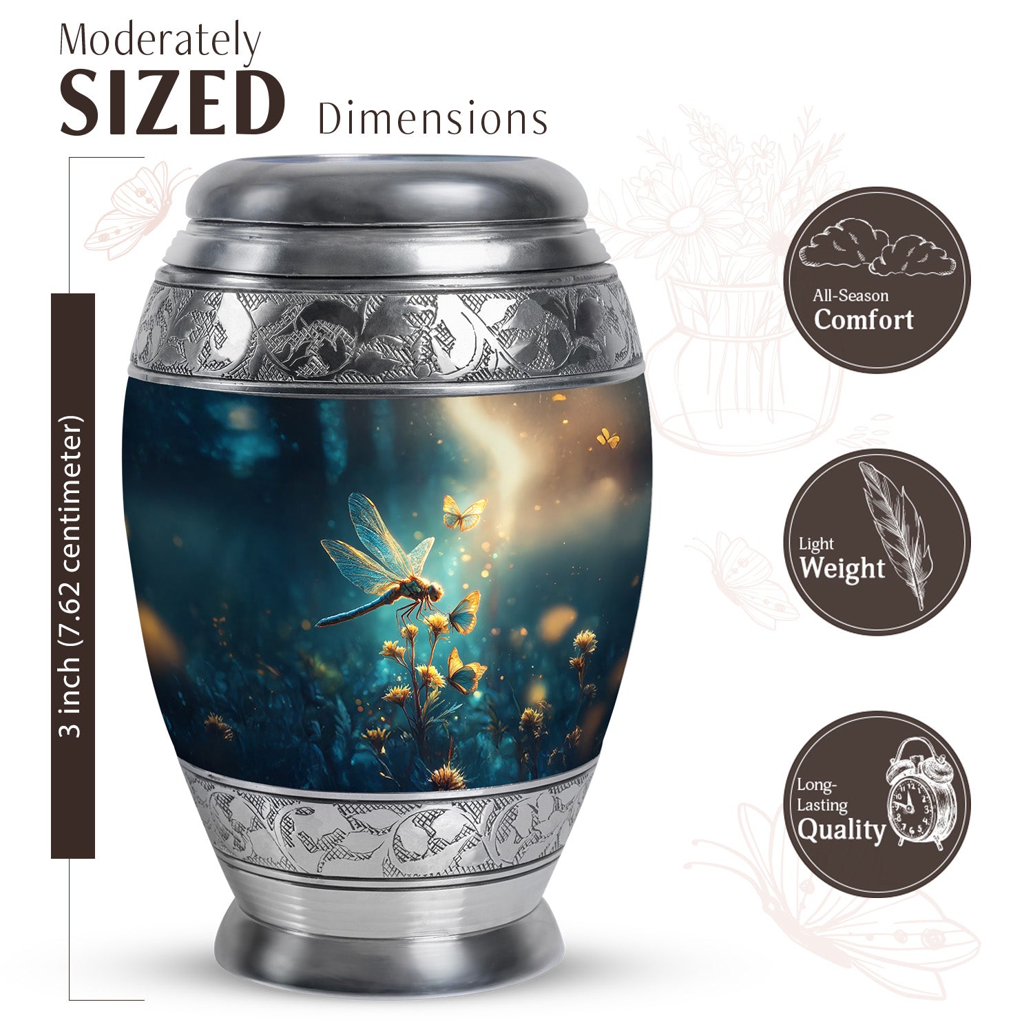 Slate Blue Dragonfly Cremation Urn lifestyle display on memorial shelf - ornate monarch-style dragonfly relief on brushed aluminum - mini keepsake memorial for portion of cremation ashes