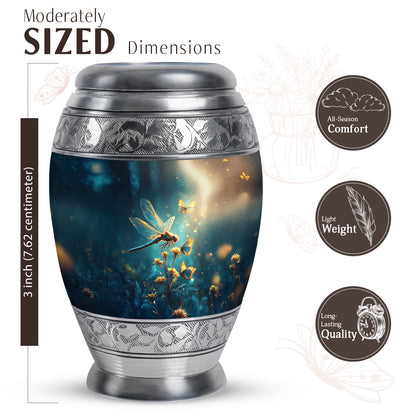 Slate Blue Dragonfly Cremation Urn lifestyle display on memorial shelf - ornate monarch-style dragonfly relief on brushed aluminum - mini keepsake memorial for portion of cremation ashes