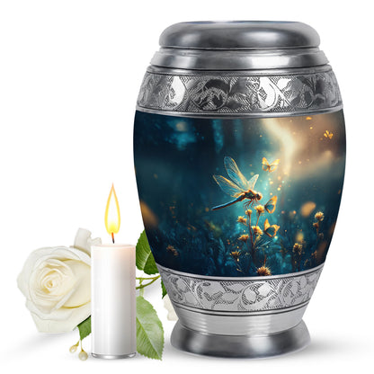 Soft Blue Dragonfly Cremation Urn back view with polished surface - royal dragonfly engraving with decorative scrollwork - full-size 10 inch 200 cubic inch adult cremation urn