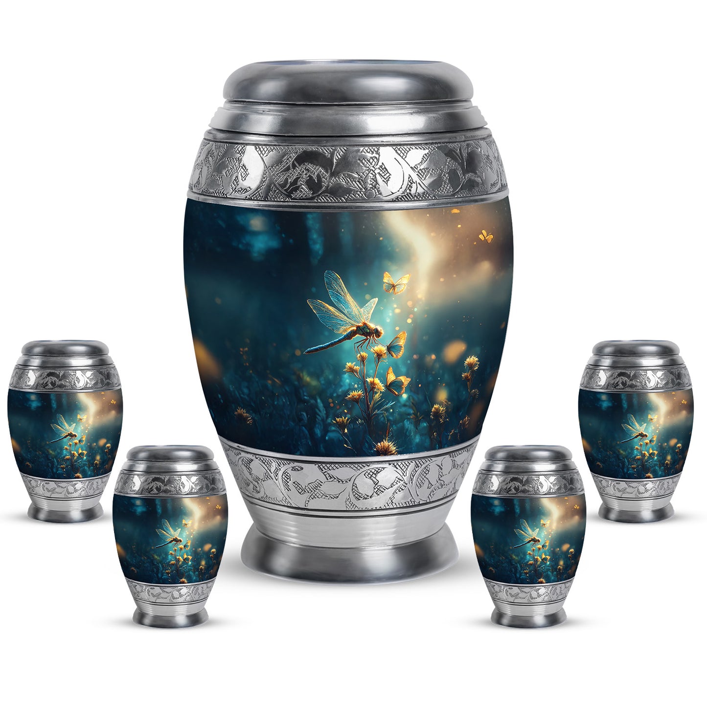 Cornflower Blue Dragonfly Cremation Urn detail view - royal dragonfly engraving with decorative scrollwork - memorial set with one large and four small urns