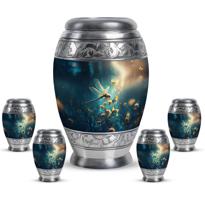 Cornflower Blue Dragonfly Cremation Urn detail view - royal dragonfly engraving with decorative scrollwork - memorial set with one large and four small urns
