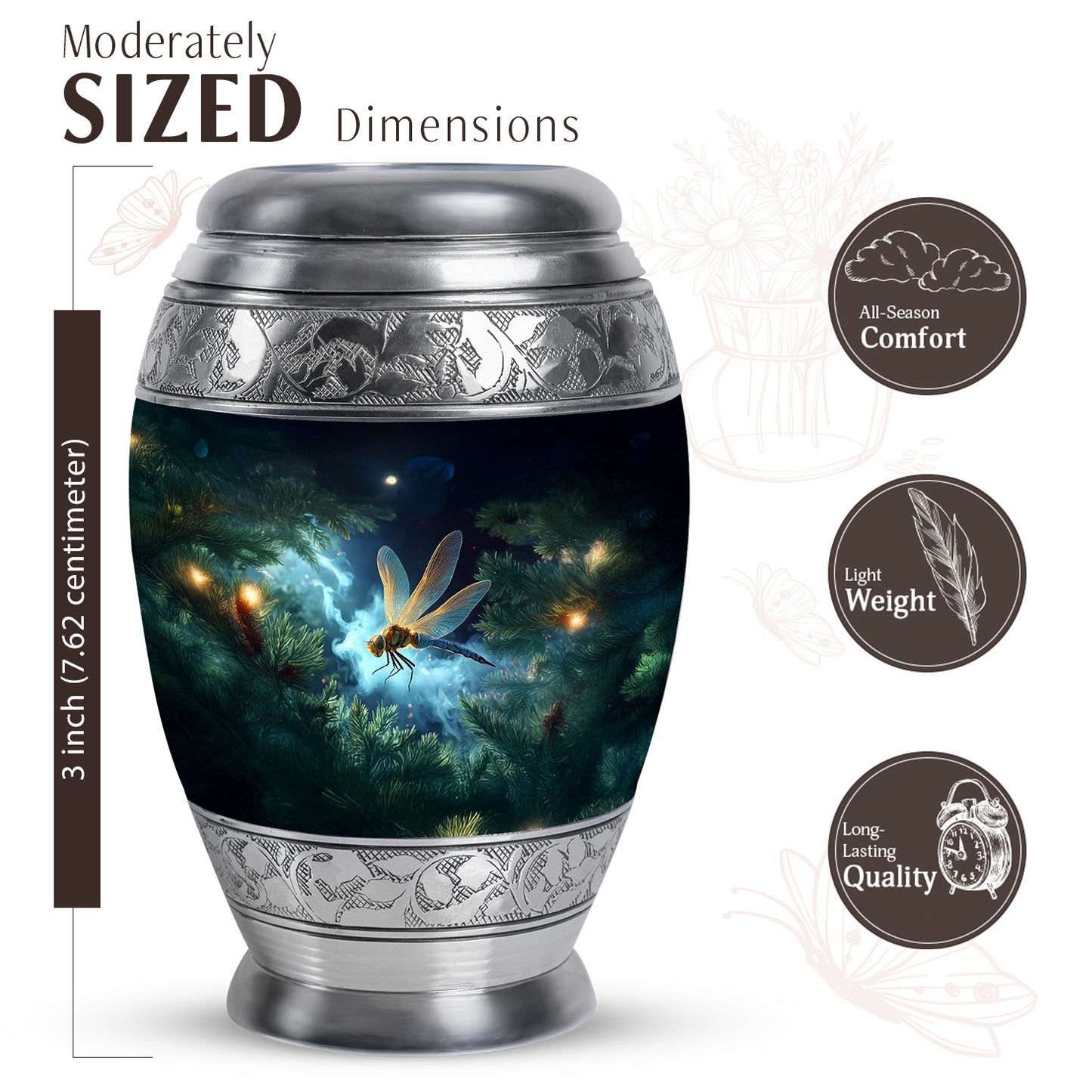 Vivid Blue Dragonfly Cremation Urn lifestyle display on memorial shelf - royal dragonfly engraving with decorative scrollwork - mini keepsake memorial for portion of cremation ashes