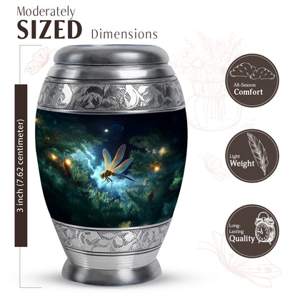 Vivid Blue Dragonfly Cremation Urn lifestyle display on memorial shelf - royal dragonfly engraving with decorative scrollwork - mini keepsake memorial for portion of cremation ashes