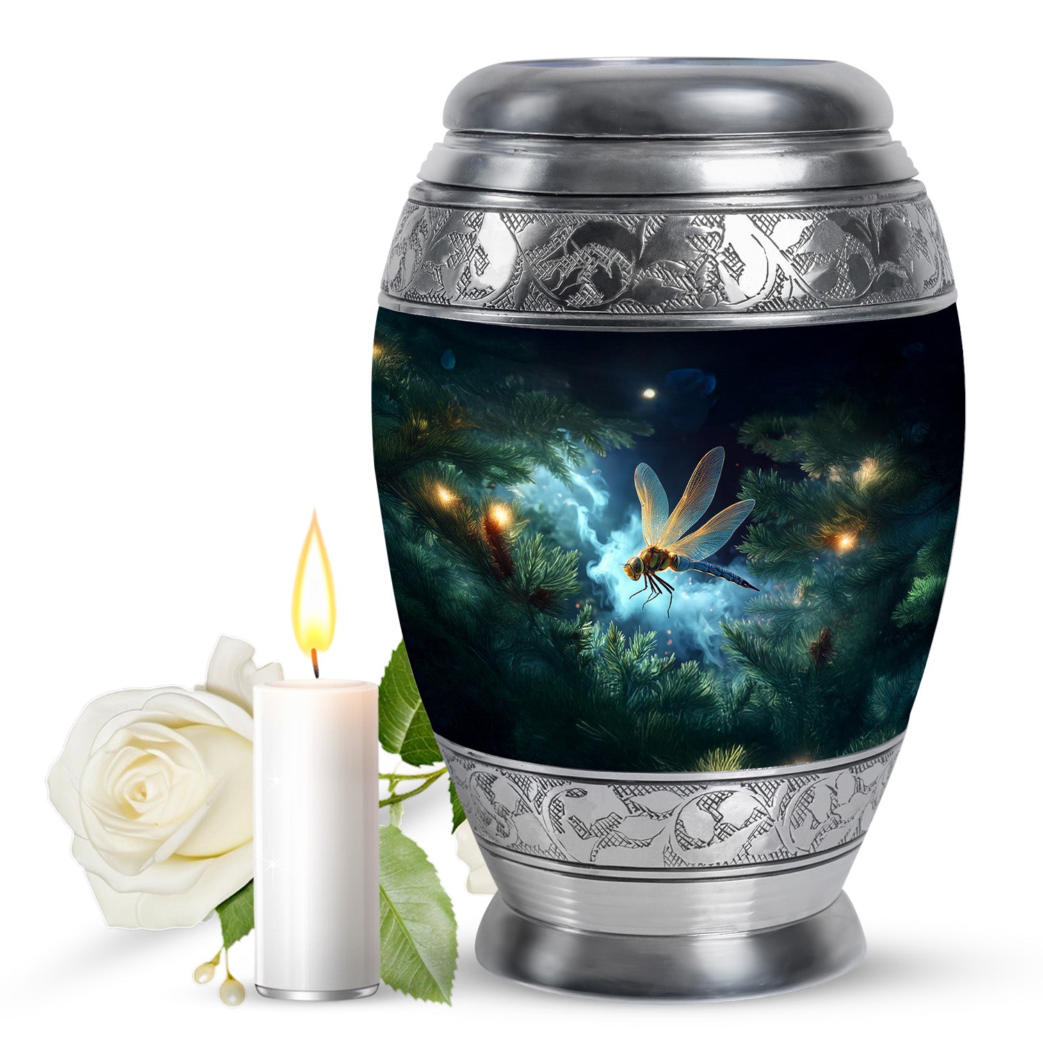 Pastel Blue Dragonfly Cremation Urn back view with polished surface - regal dragonfly design with crown-inspired accents - full-size 10 inch 200 cubic inch adult cremation urn