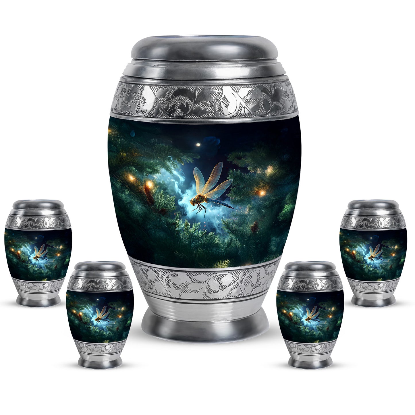 Twilight Blue Dragonfly Cremation Urn detail view - majestic dragonfly pattern with filigree border - memorial set with one large and four small urns