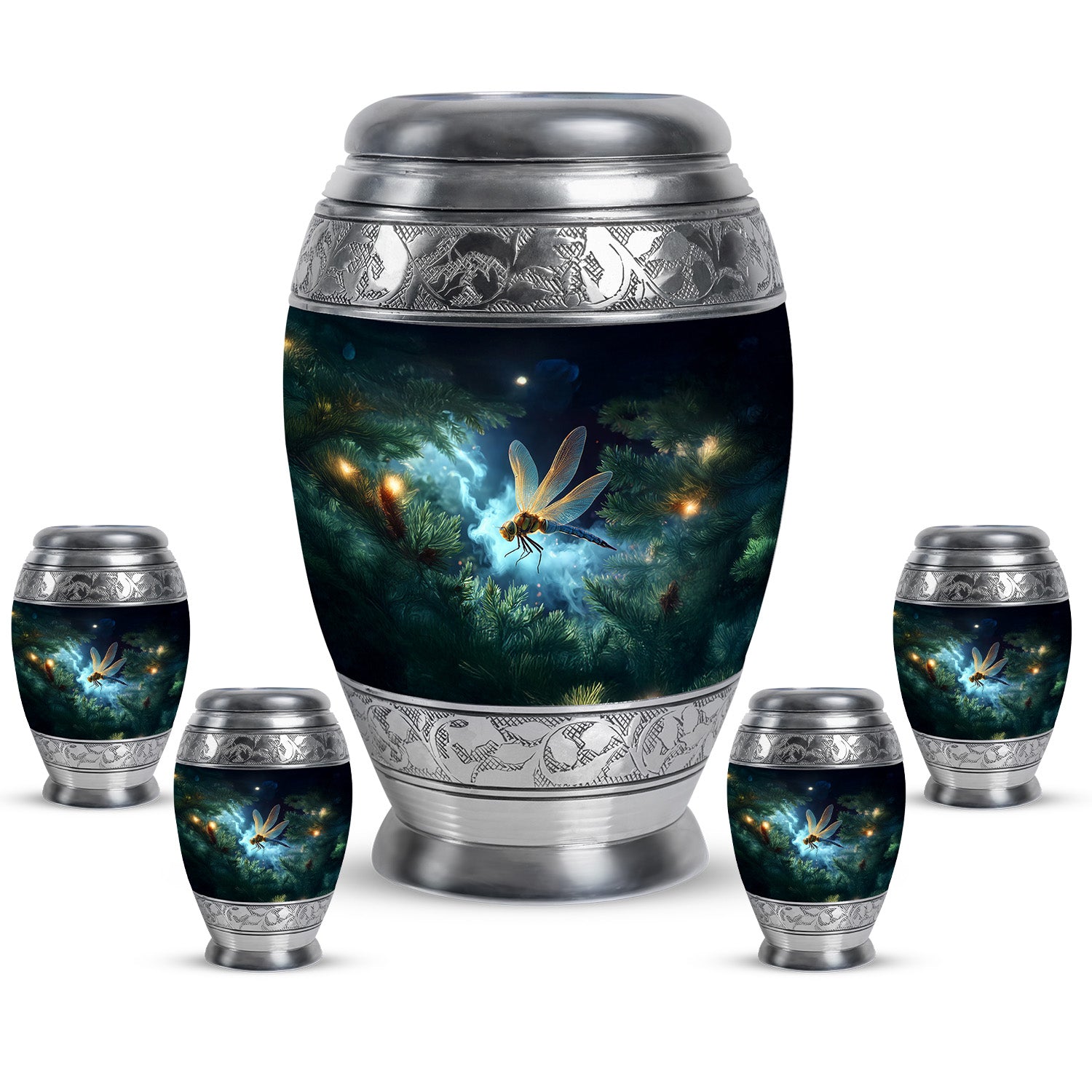 Twilight Blue Dragonfly Cremation Urn detail view - majestic dragonfly pattern with filigree border - memorial set with one large and four small urns