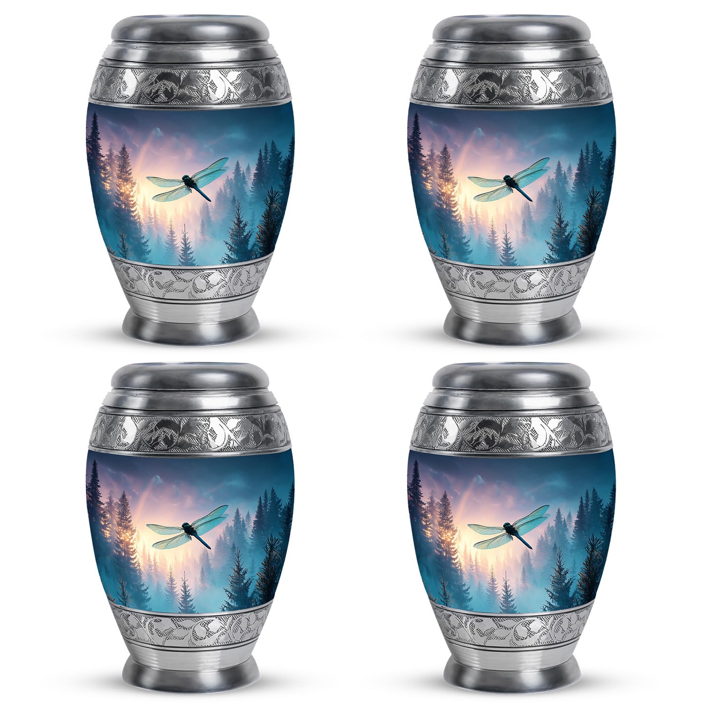 Calming Blue Dragonfly Cremation Urn urn with complimentary velvet bag - royal dragonfly engraving with decorative scrollwork - 10 inch aluminum urn for cremated remains