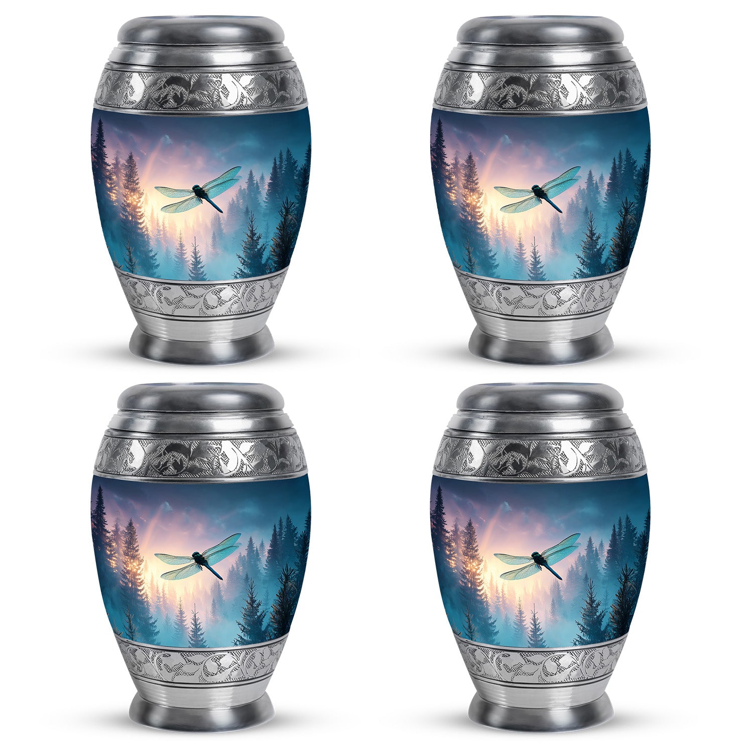 Calming Blue Dragonfly Cremation Urn urn with complimentary velvet bag - royal dragonfly engraving with decorative scrollwork - 10 inch aluminum urn for cremated remains