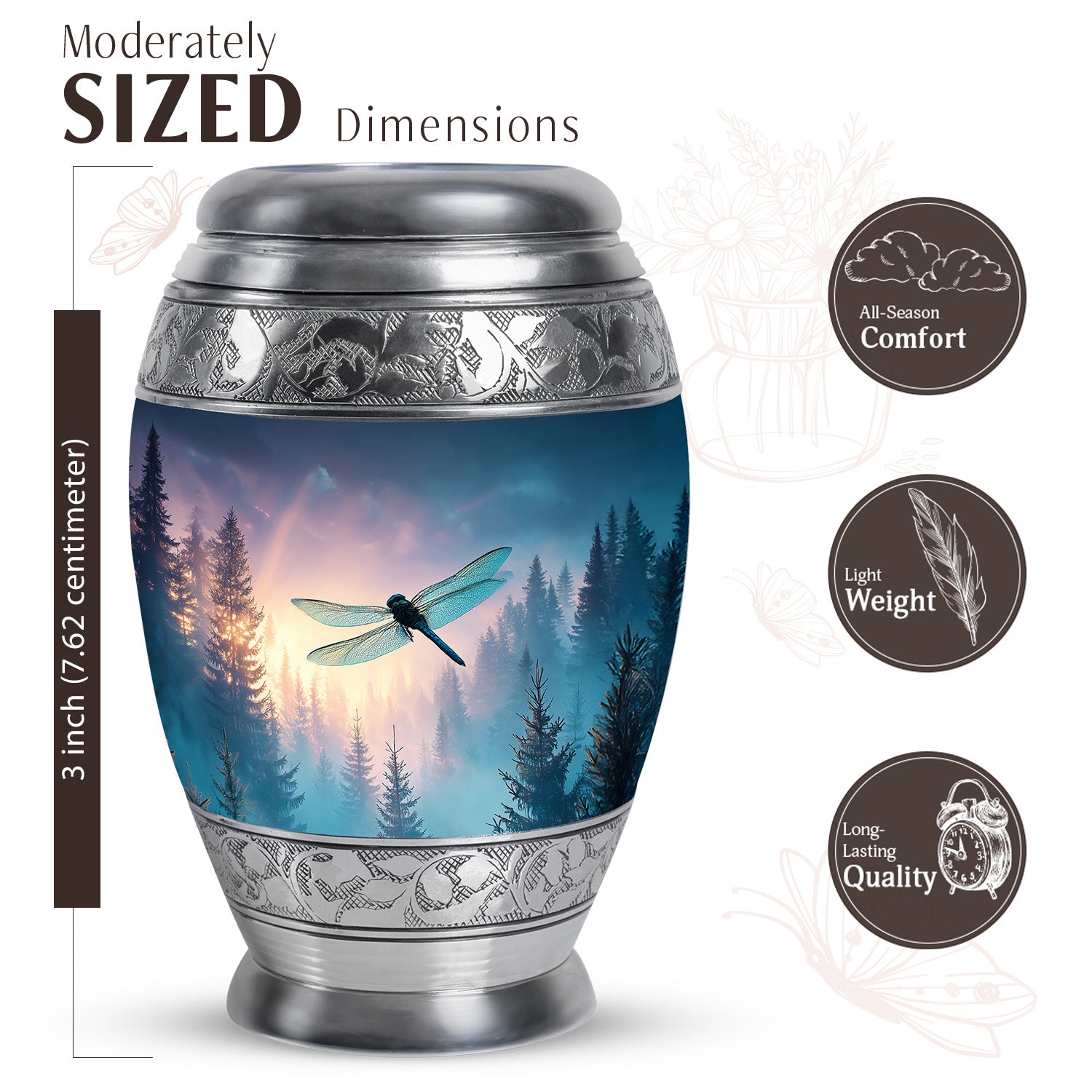 Navy Blue Dragonfly Cremation Urn lifestyle display on memorial shelf - ornate monarch-style dragonfly relief on brushed aluminum - mini keepsake memorial for portion of cremation ashes