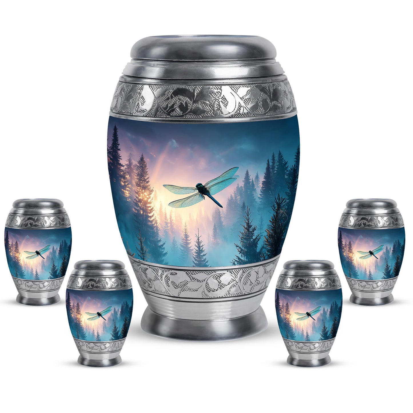 Royal Blue Dragonfly Cremation Urn detail view - royal dragonfly engraving with decorative scrollwork - memorial set with one large and four small urns