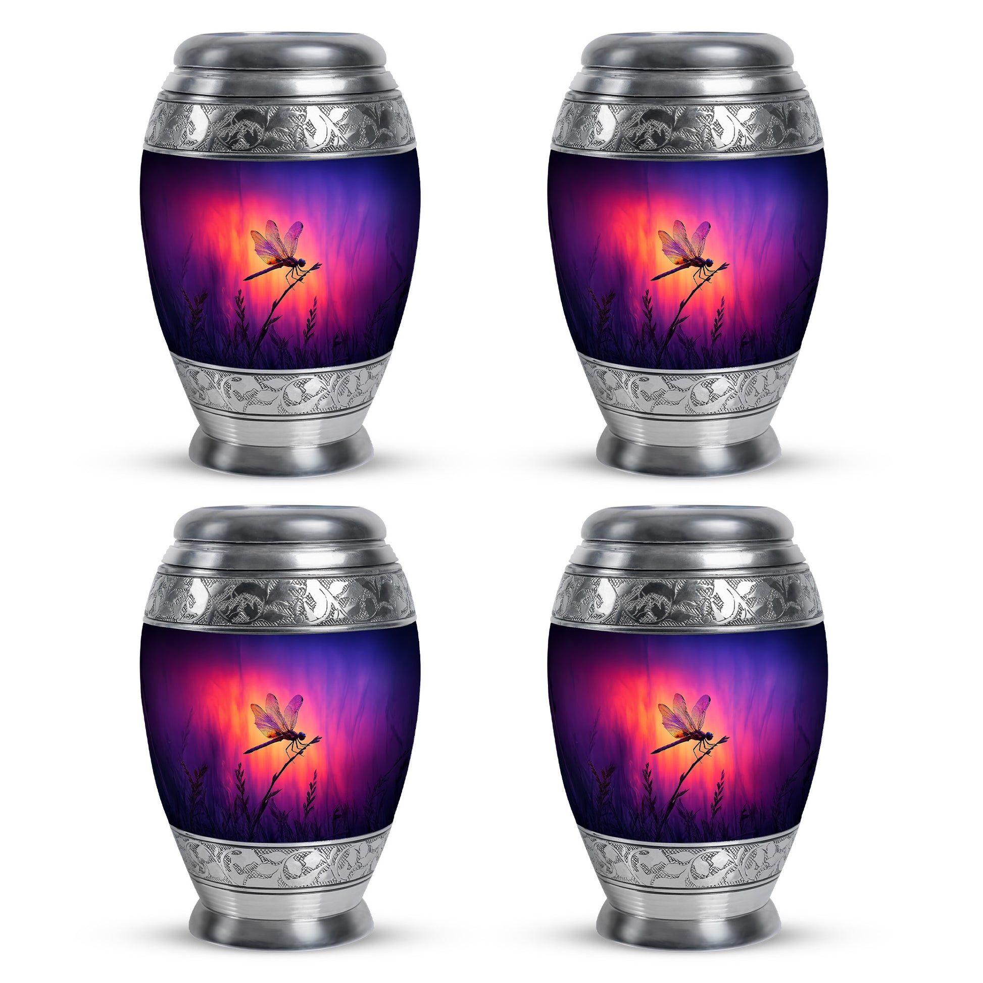 Amethyst Purple Dragonfly Cremation Urn urn with complimentary velvet bag - regal dragonfly design with crown-inspired accents - 10 inch aluminum urn for cremated remains
