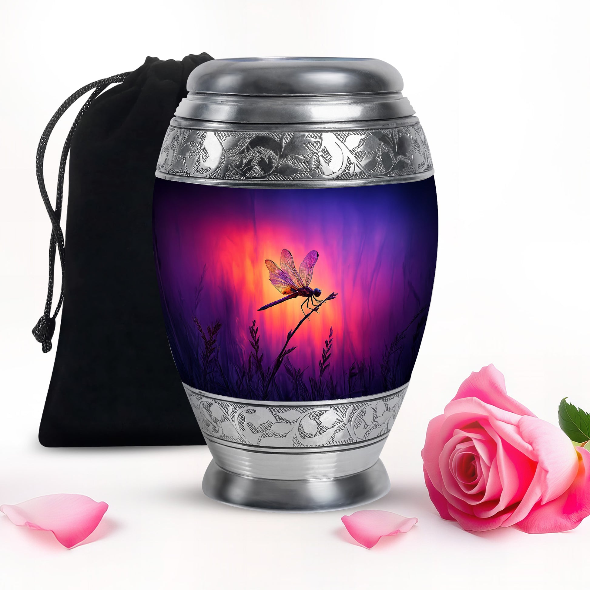 Lavender Purple Dragonfly Cremation Urn back view with polished surface - majestic dragonfly pattern with filigree border - full-size 10 inch 200 cubic inch adult cremation urn