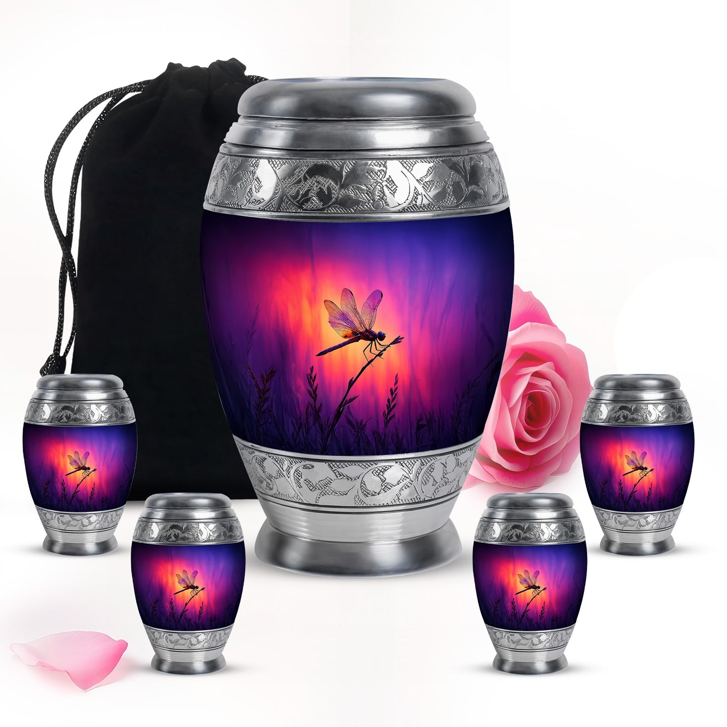 Majestic Purple Dragonfly Cremation Urn detail view - ornate monarch-style dragonfly relief on brushed aluminum - memorial set with one large and four small urns