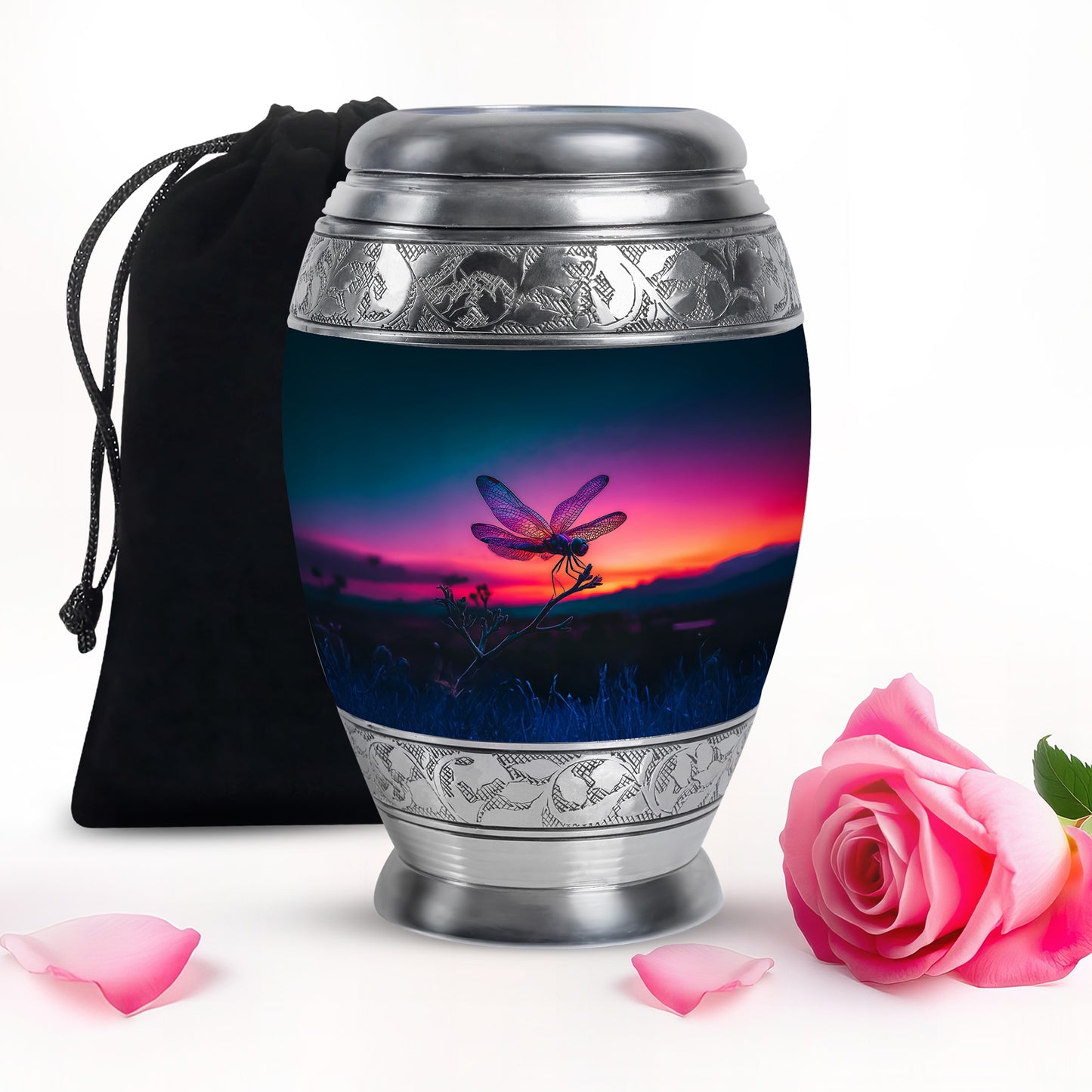 Steel Blue Dragonfly Cremation Urn back view with polished surface - royal dragonfly engraving with decorative scrollwork - full-size 10 inch 200 cubic inch adult cremation urn