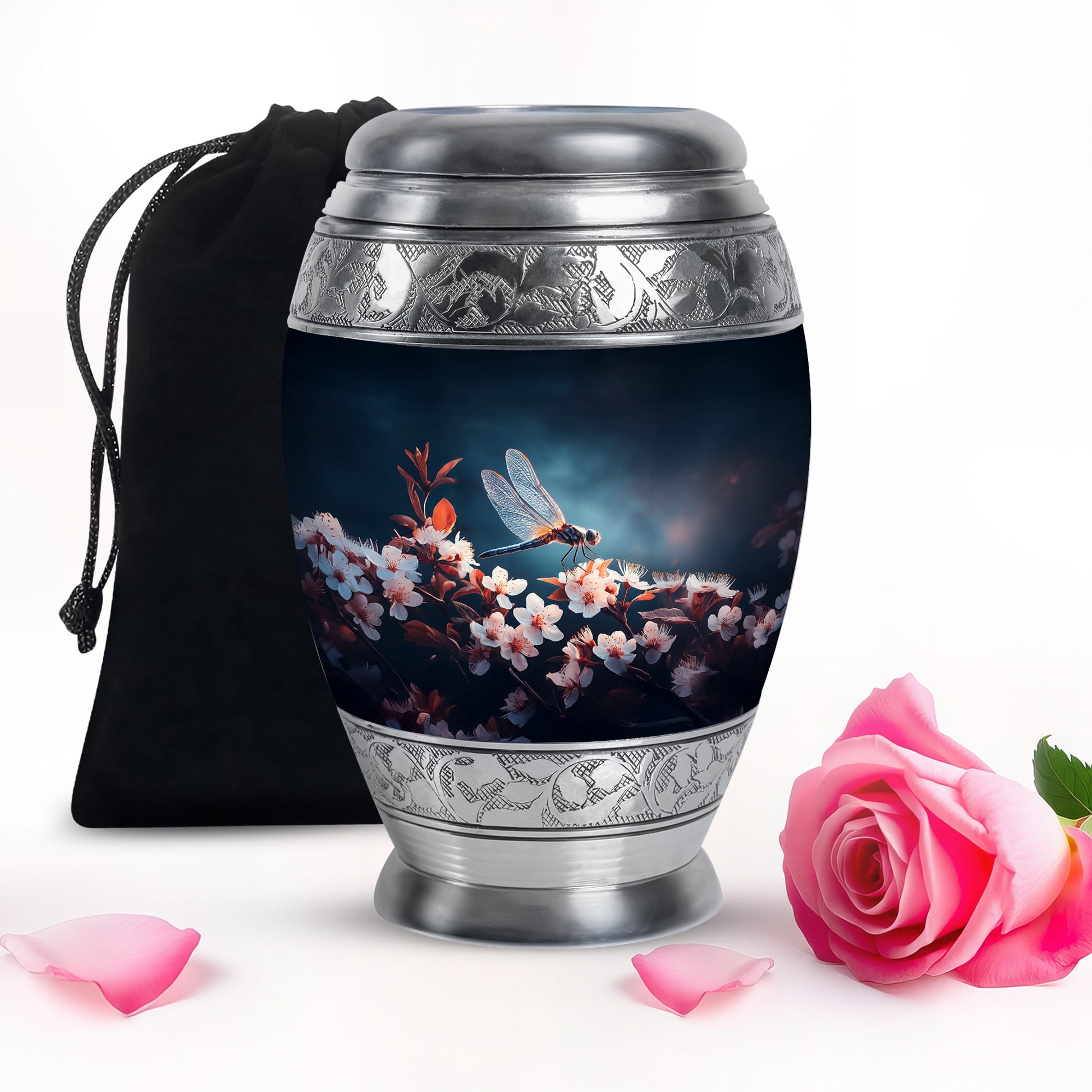 Twilight Blue Dragonfly Cremation Urn back view with polished surface - royal dragonfly engraving with decorative scrollwork - full-size 10 inch 200 cubic inch adult cremation urn
