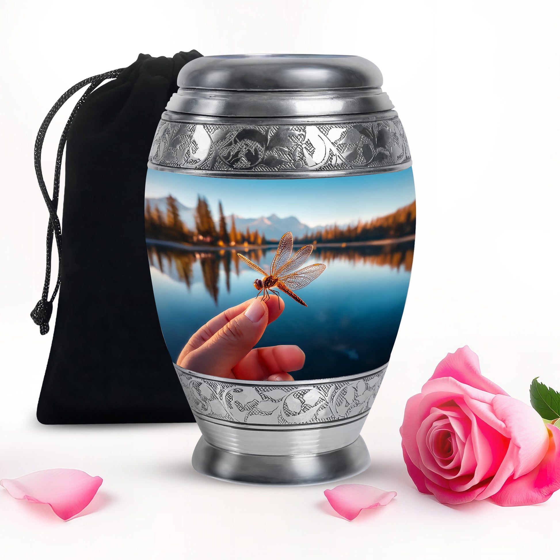 Royal Blue Dragonfly Cremation Urn back view with polished surface - majestic dragonfly pattern with filigree border - full-size 10 inch 200 cubic inch adult cremation urn