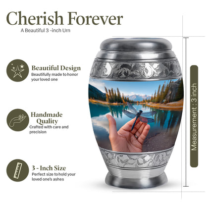 Sky Blue Dragonfly Cremation Urn lifestyle display on memorial shelf - regal dragonfly design with crown-inspired accents - mini keepsake memorial for portion of cremation ashes