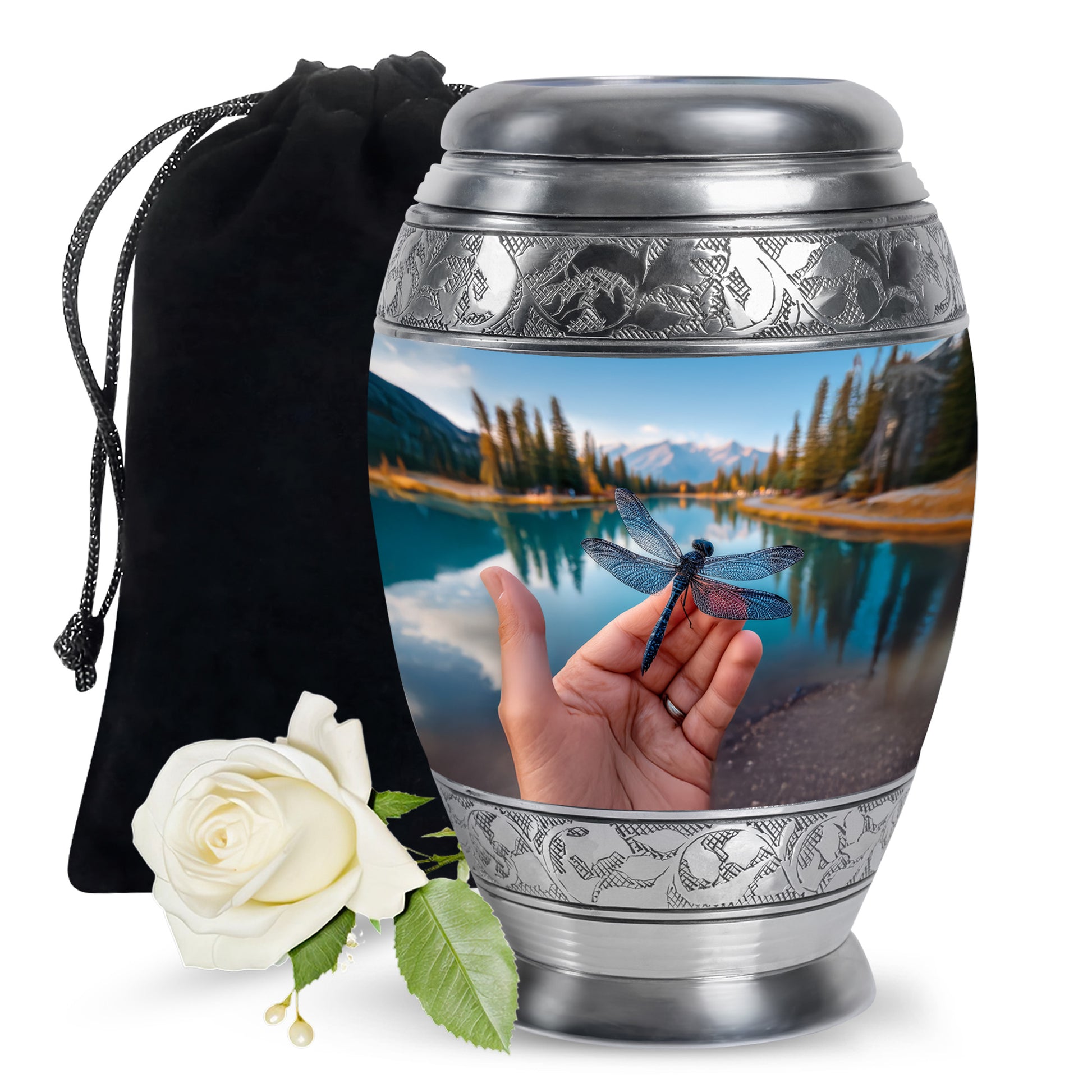 Twilight Blue Dragonfly Cremation Urn back view with polished surface - majestic dragonfly pattern with filigree border - full-size 10 inch 200 cubic inch adult cremation urn