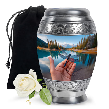 Twilight Blue Dragonfly Cremation Urn back view with polished surface - majestic dragonfly pattern with filigree border - full-size 10 inch 200 cubic inch adult cremation urn