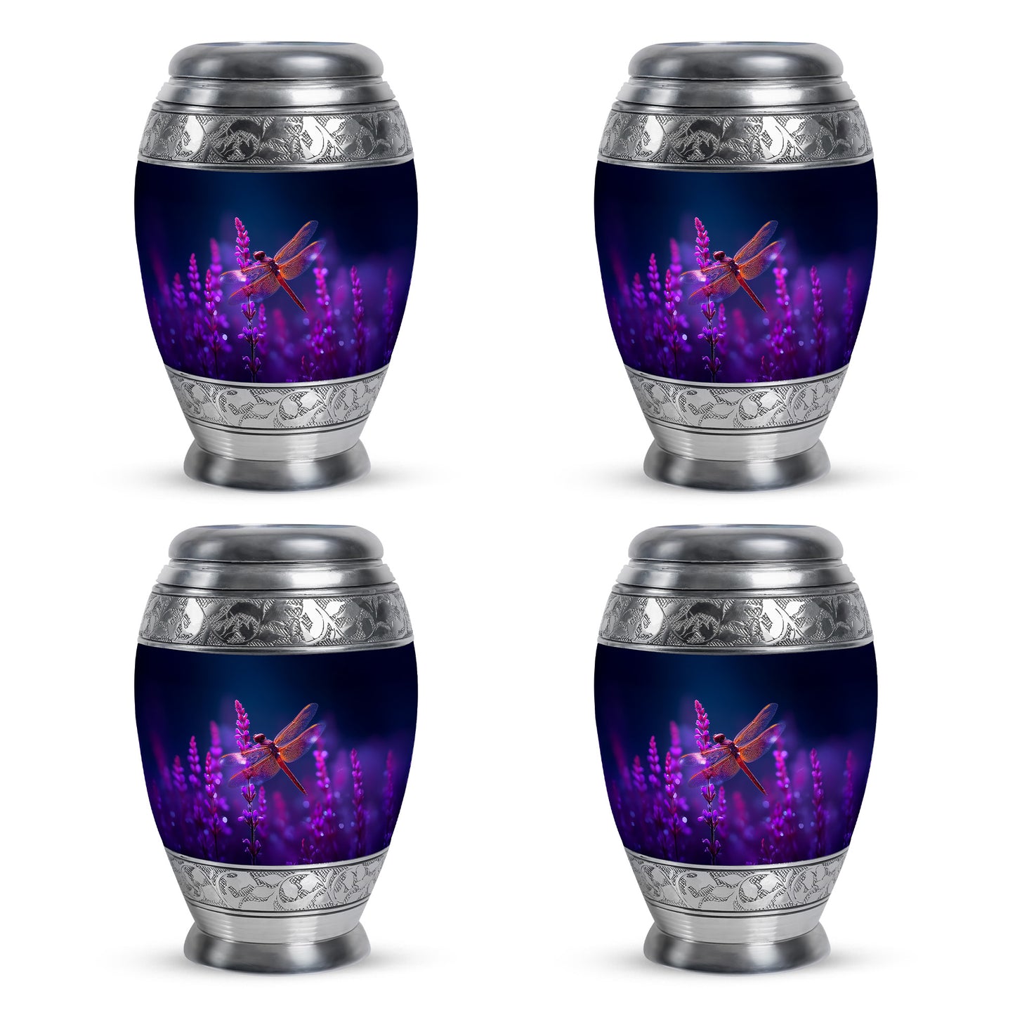 Cornflower Blue Dragonfly Cremation Urn urn with complimentary velvet bag - royal dragonfly engraving with decorative scrollwork - 10 inch aluminum urn for cremated remains