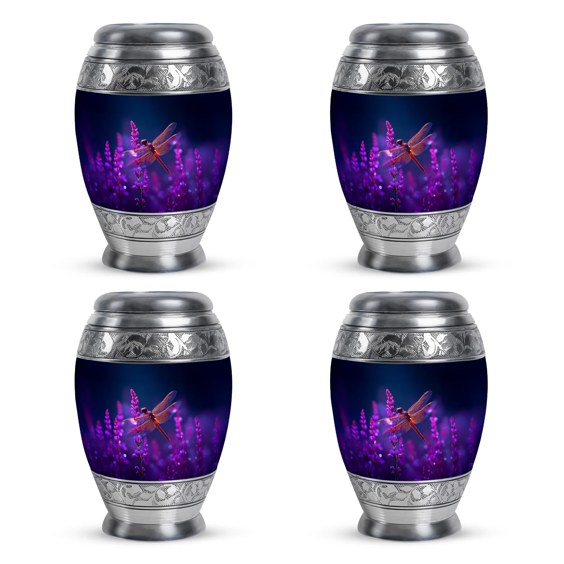 Cornflower Blue Dragonfly Cremation Urn urn with complimentary velvet bag - royal dragonfly engraving with decorative scrollwork - 10 inch aluminum urn for cremated remains