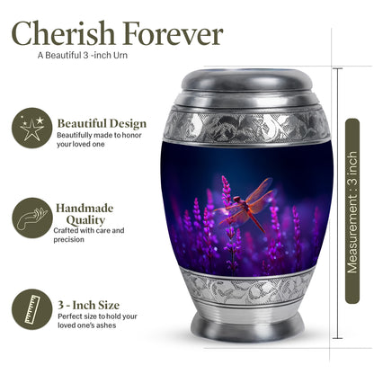 Dusty Blue Dragonfly Cremation Urn lifestyle display on memorial shelf - regal dragonfly design with crown-inspired accents - mini keepsake memorial for portion of cremation ashes