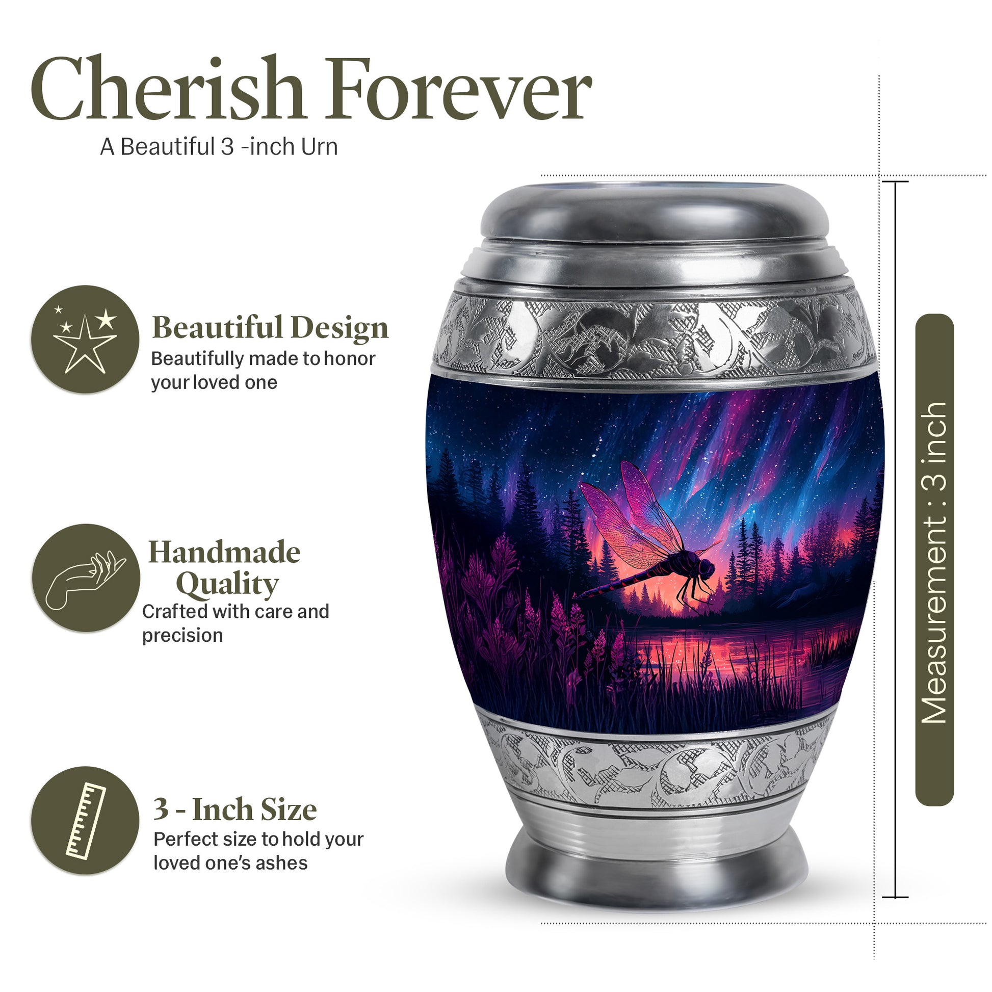Soft Blue Dragonfly Cremation Urn lifestyle display on memorial shelf - majestic dragonfly pattern with filigree border - mini keepsake memorial for portion of cremation ashes