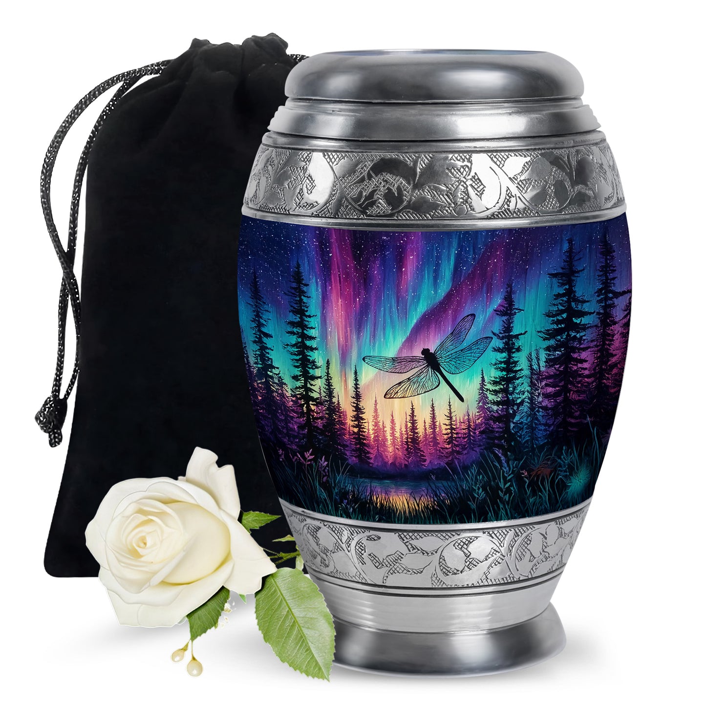 Powder Blue Dragonfly Cremation Urn back view with polished surface - ornate monarch-style dragonfly relief on brushed aluminum - full-size 10 inch 200 cubic inch adult cremation urn