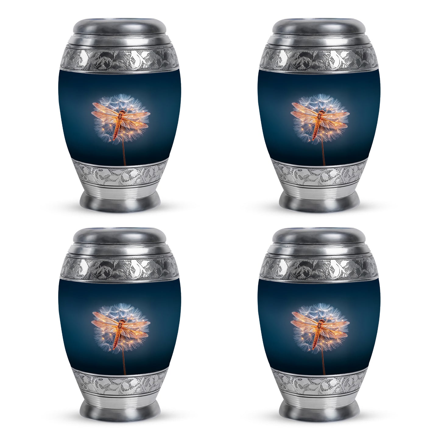 Bright Blue Dragonfly Cremation Urn urn with complimentary velvet bag - royal dragonfly engraving with decorative scrollwork - 10 inch aluminum urn for cremated remains
